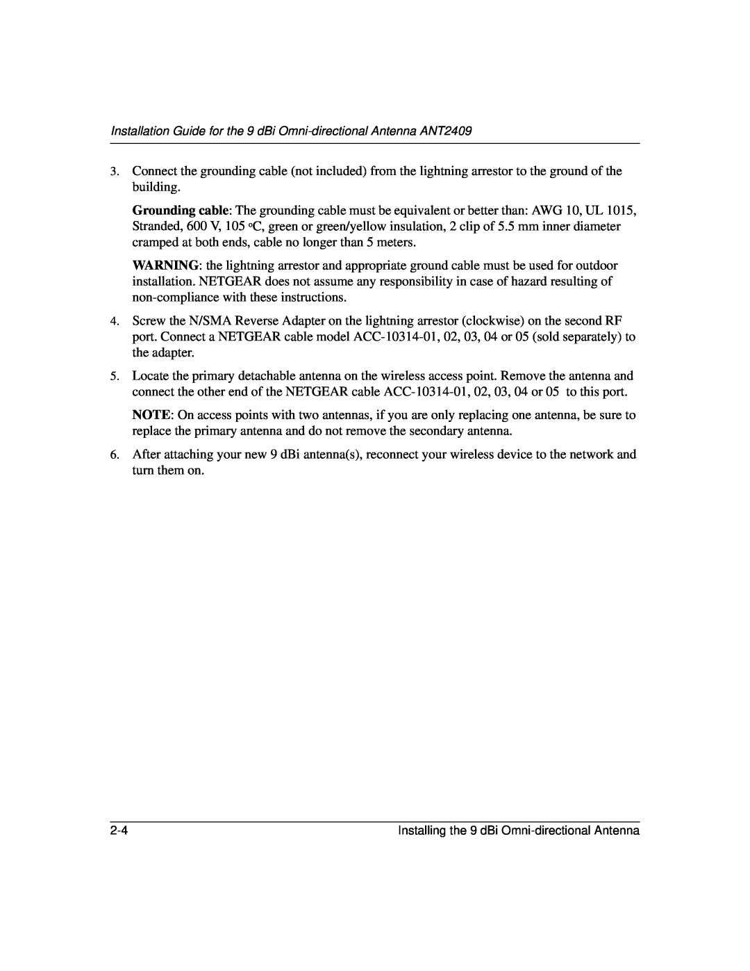 NETGEAR 2409 manual Installing the 9 dBi Omni-directionalAntenna 