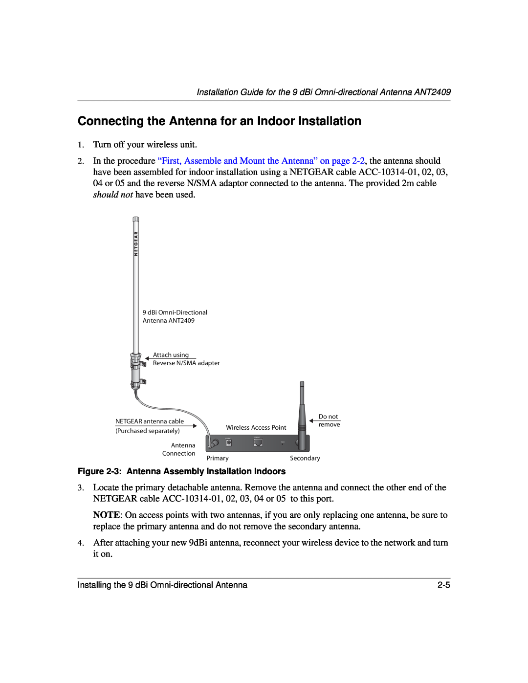 NETGEAR 2409 manual Connecting the Antenna for an Indoor Installation 