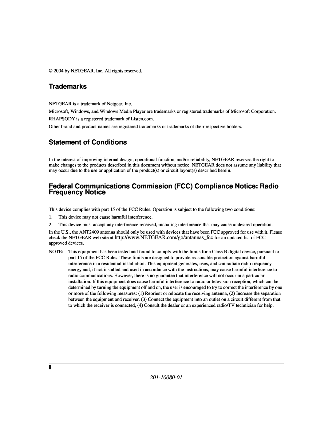 NETGEAR 2409 manual Trademarks, Statement of Conditions, 201-10080-01 