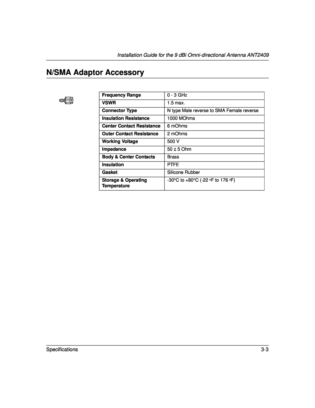 NETGEAR 2409 manual N/SMA Adaptor Accessory, Specifications 
