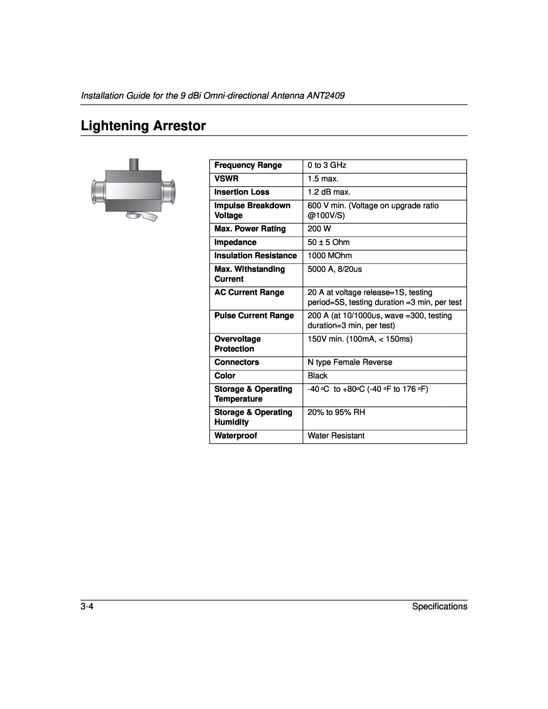 NETGEAR 2409 manual Lightening Arrestor, Specifications 