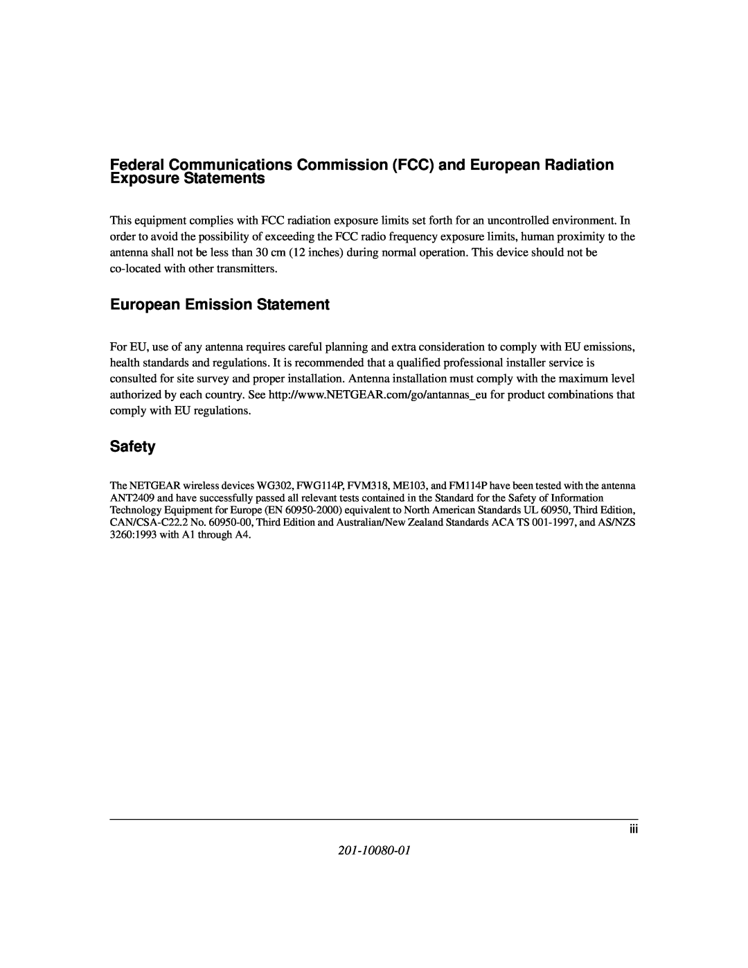 NETGEAR 2409 manual European Emission Statement, Safety, 201-10080-01 