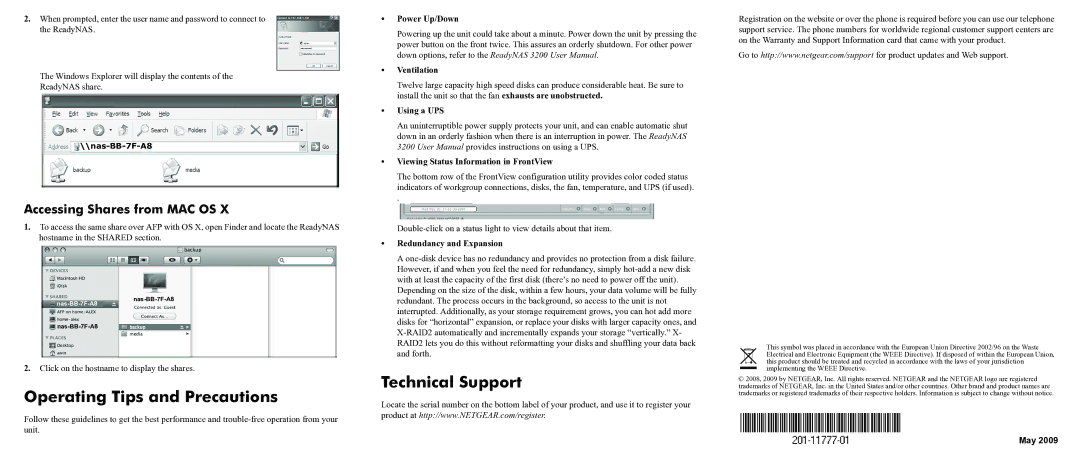 NETGEAR 3200 user manual Operating Tips and Precautions, Technical Support, Accessing Shares from MAC OS 