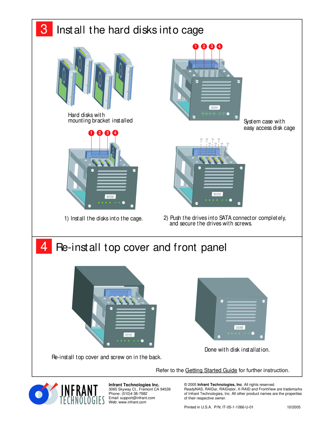 NETGEAR 600B manual Install the hard disks into cage, Re-install top cover and front panel, Infrant Technologies Inc 