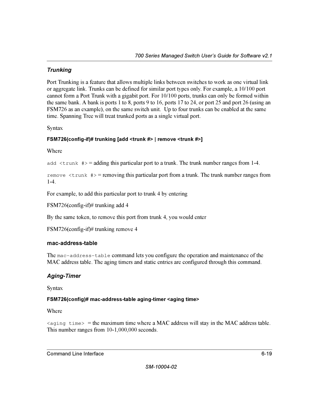 NETGEAR 700 Series manual Trunking, Aging-Timer 