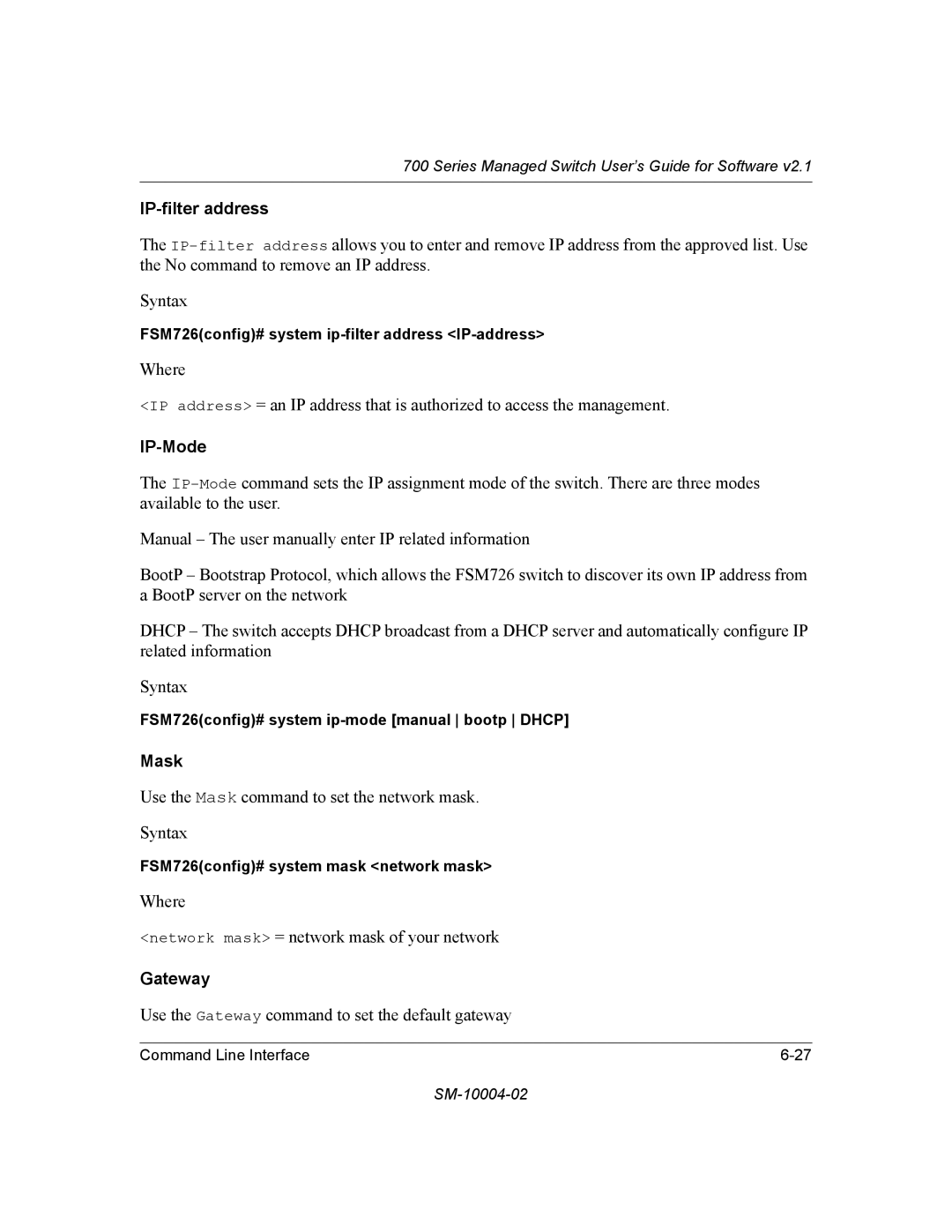 NETGEAR 700 Series manual IP-filter address, IP-Mode, Mask, Gateway 