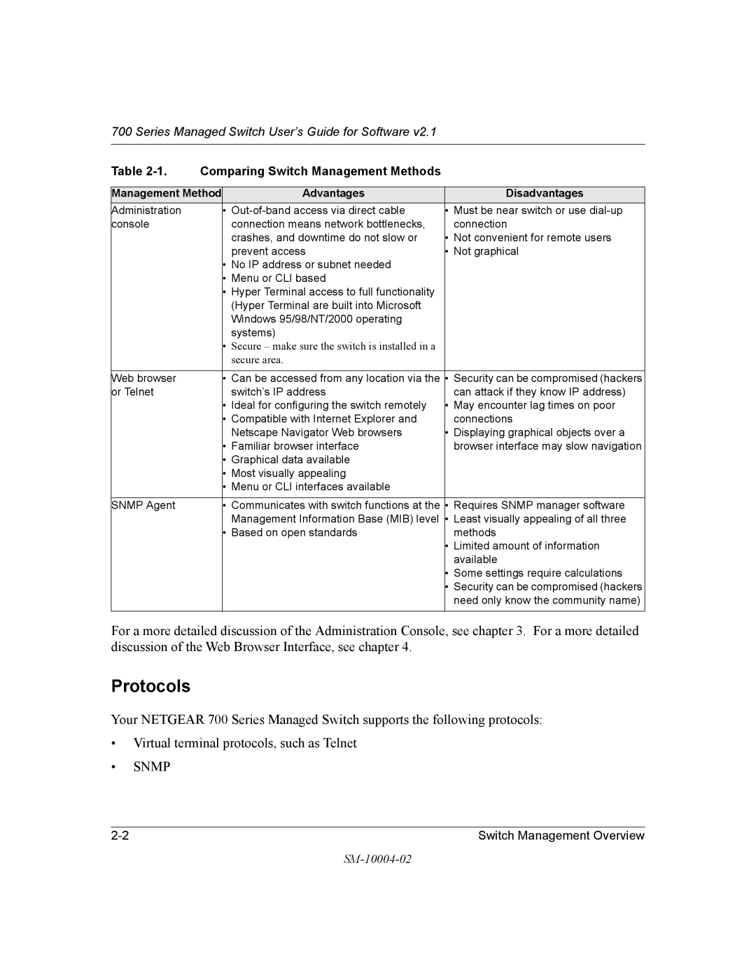 NETGEAR 700 Series manual Protocols, Comparing Switch Management Methods 