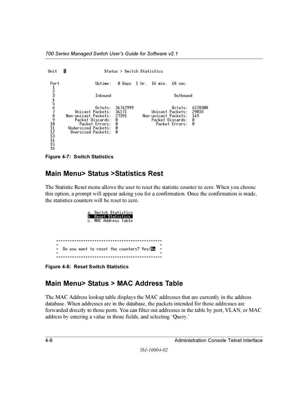 NETGEAR 700 Series manual Main Menu Status Statistics Rest, Main Menu Status MAC Address Table 