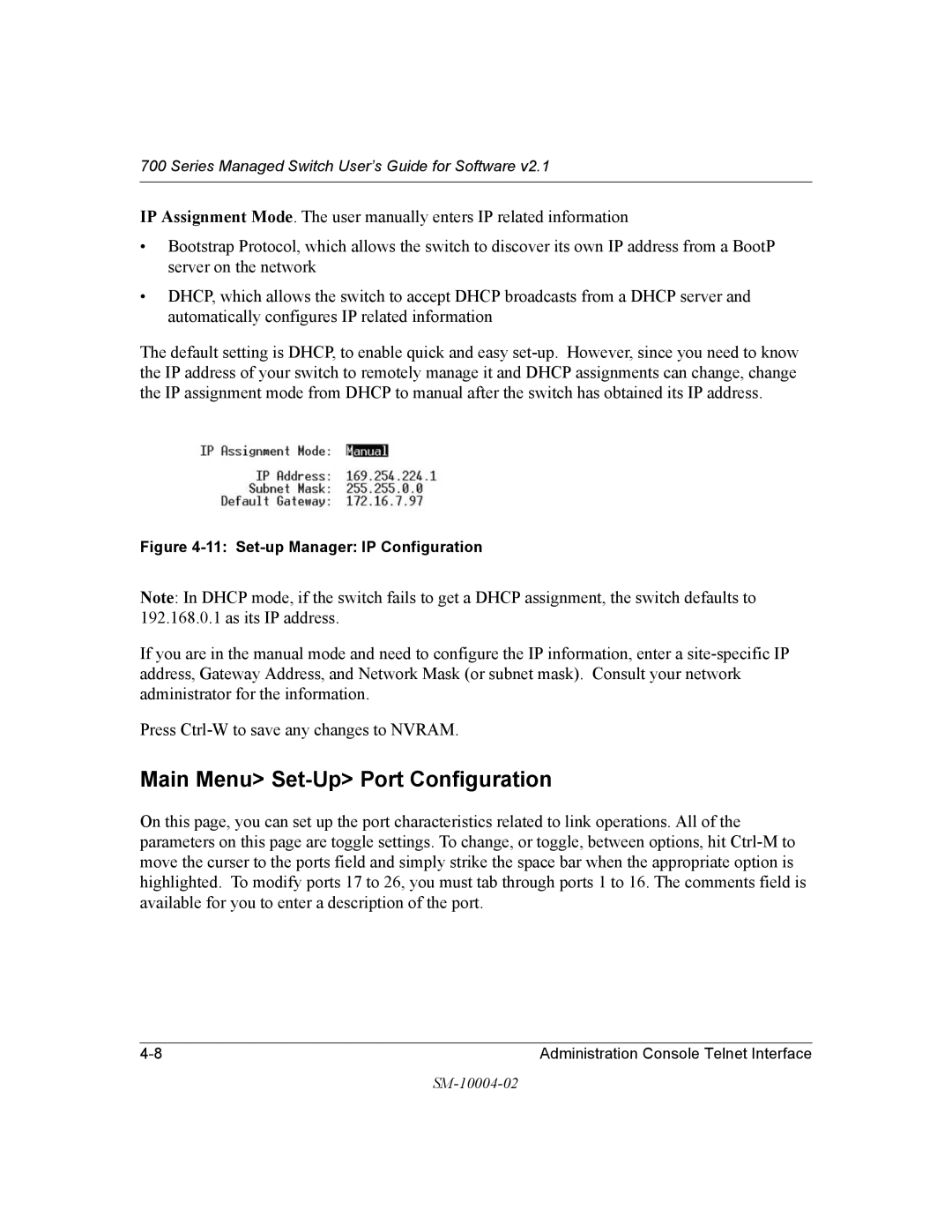 NETGEAR 700 Series manual Main Menu Set-Up Port Configuration, Set-up Manager IP Configuration 