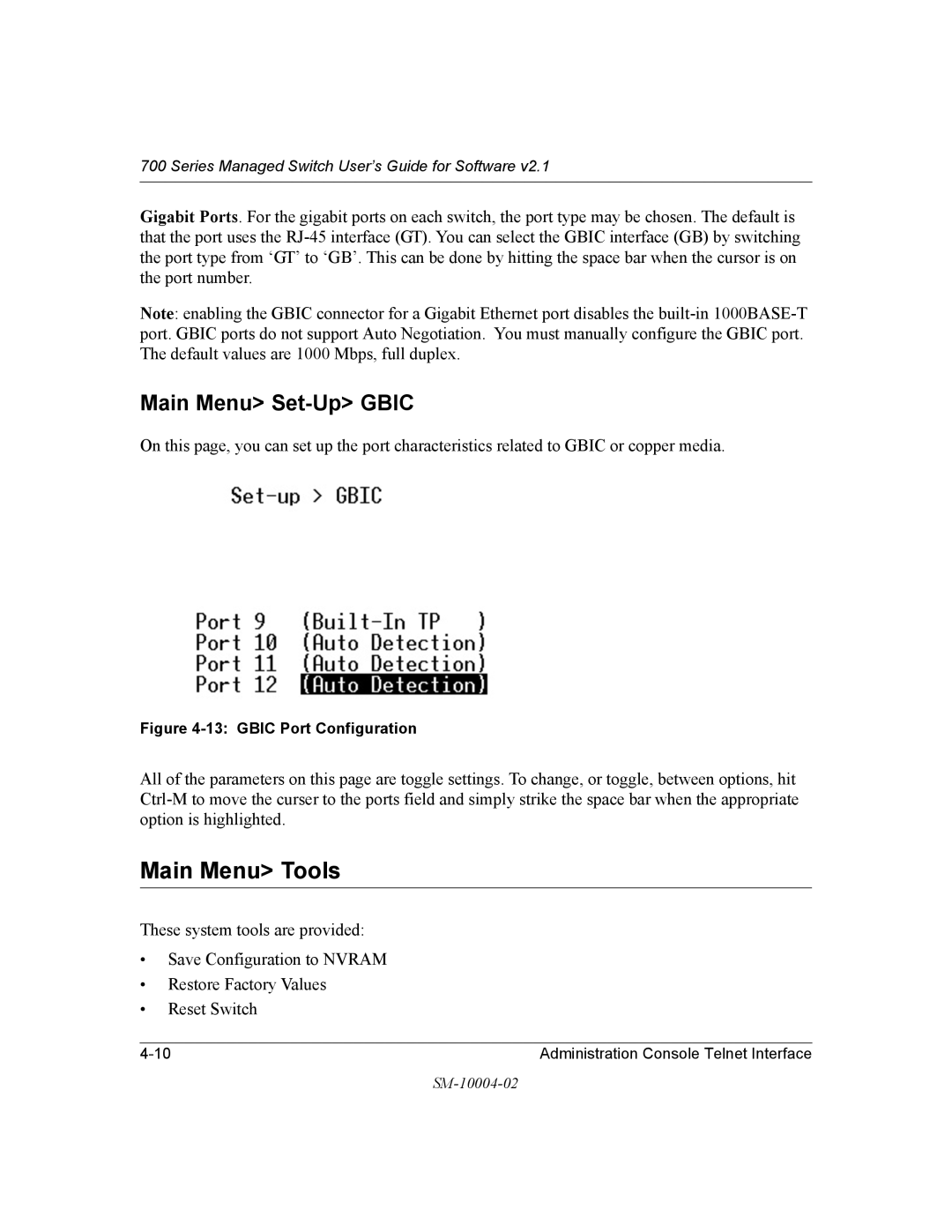 NETGEAR 700 Series manual Main Menu Tools, Main Menu Set-Up Gbic 