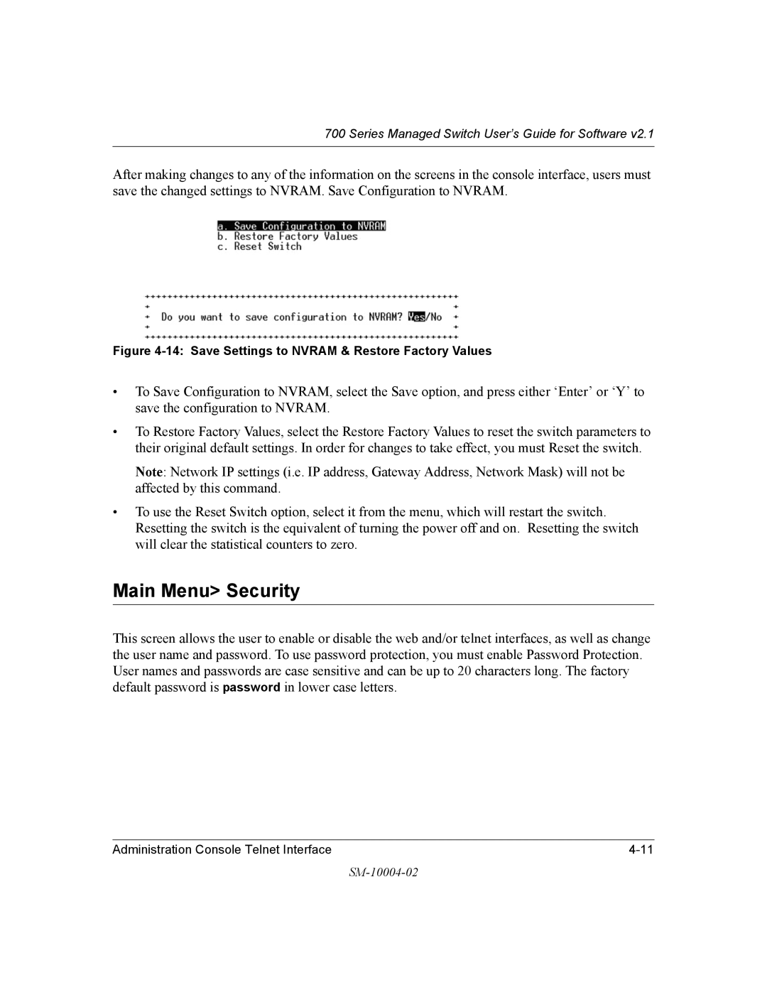 NETGEAR 700 Series manual Main Menu Security, Save Settings to Nvram & Restore Factory Values 