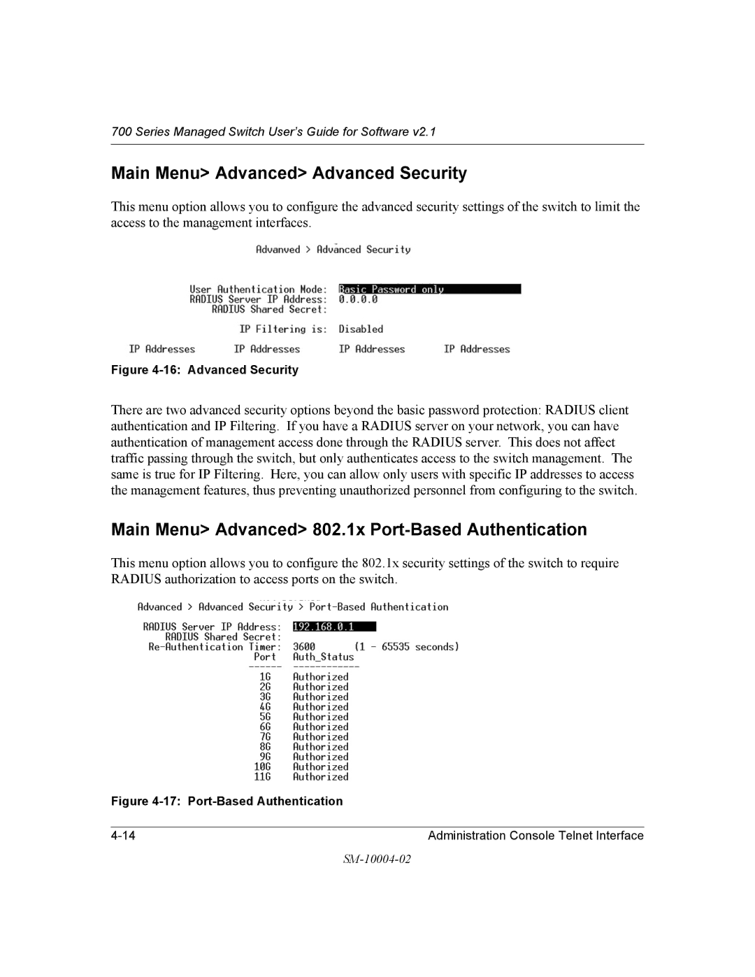 NETGEAR 700 Series manual Main Menu Advanced Advanced Security, Main Menu Advanced 802.1x Port-Based Authentication 