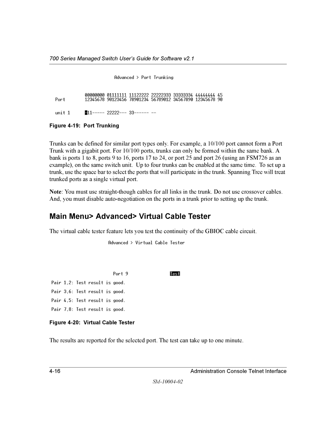 NETGEAR 700 Series manual Main Menu Advanced Virtual Cable Tester, Port Trunking 