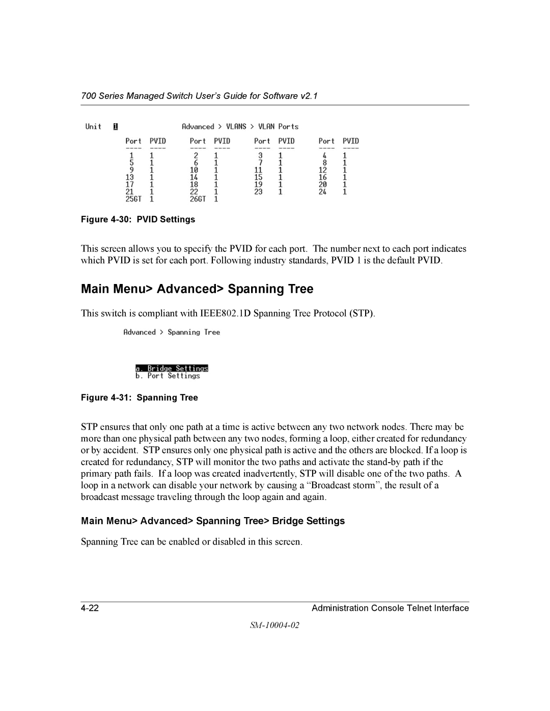 NETGEAR 700 Series manual Main Menu Advanced Spanning Tree Bridge Settings 