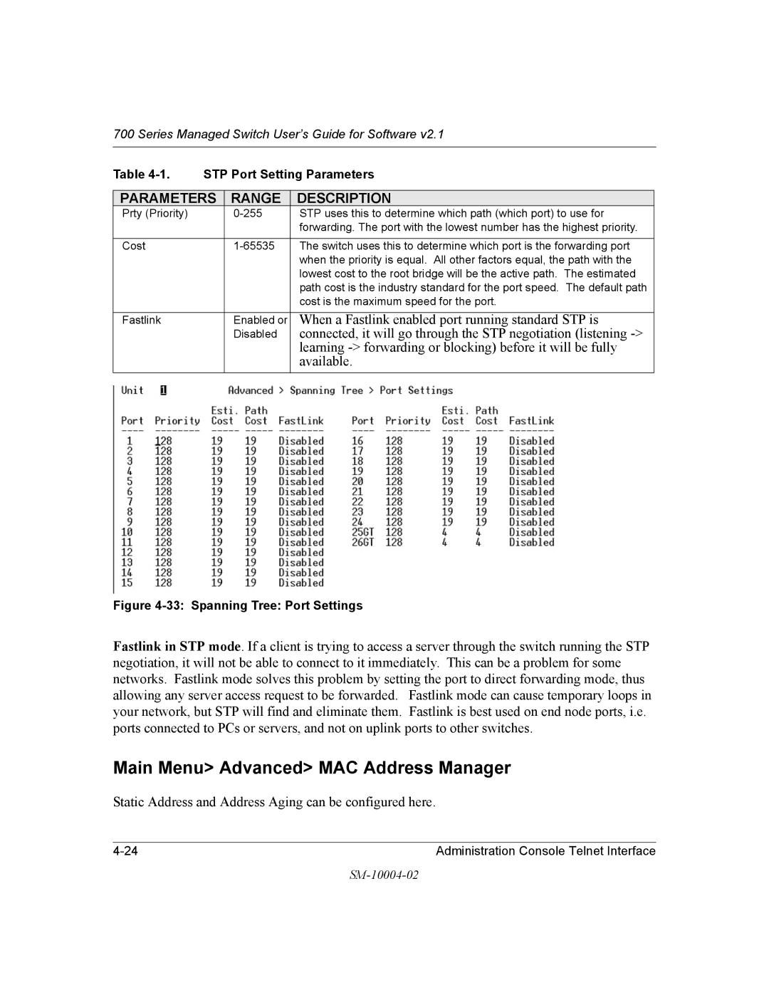 NETGEAR 700 Series manual Main Menu Advanced MAC Address Manager, Parameters Range Description 