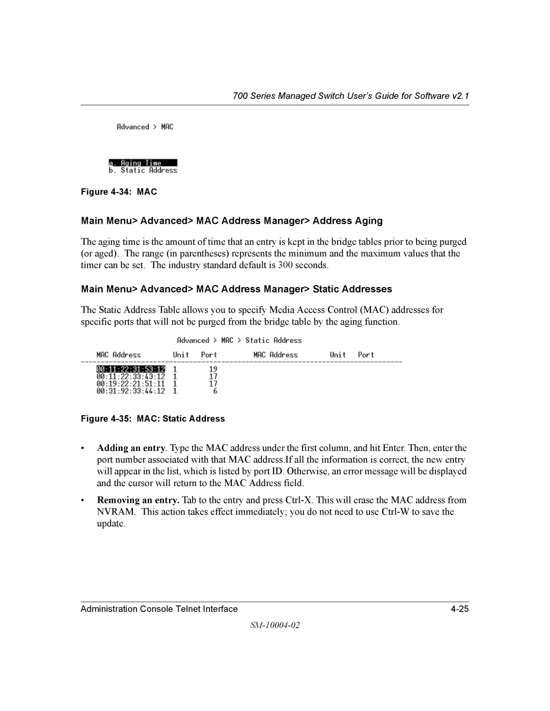 NETGEAR 700 Series manual Main Menu Advanced MAC Address Manager Address Aging 