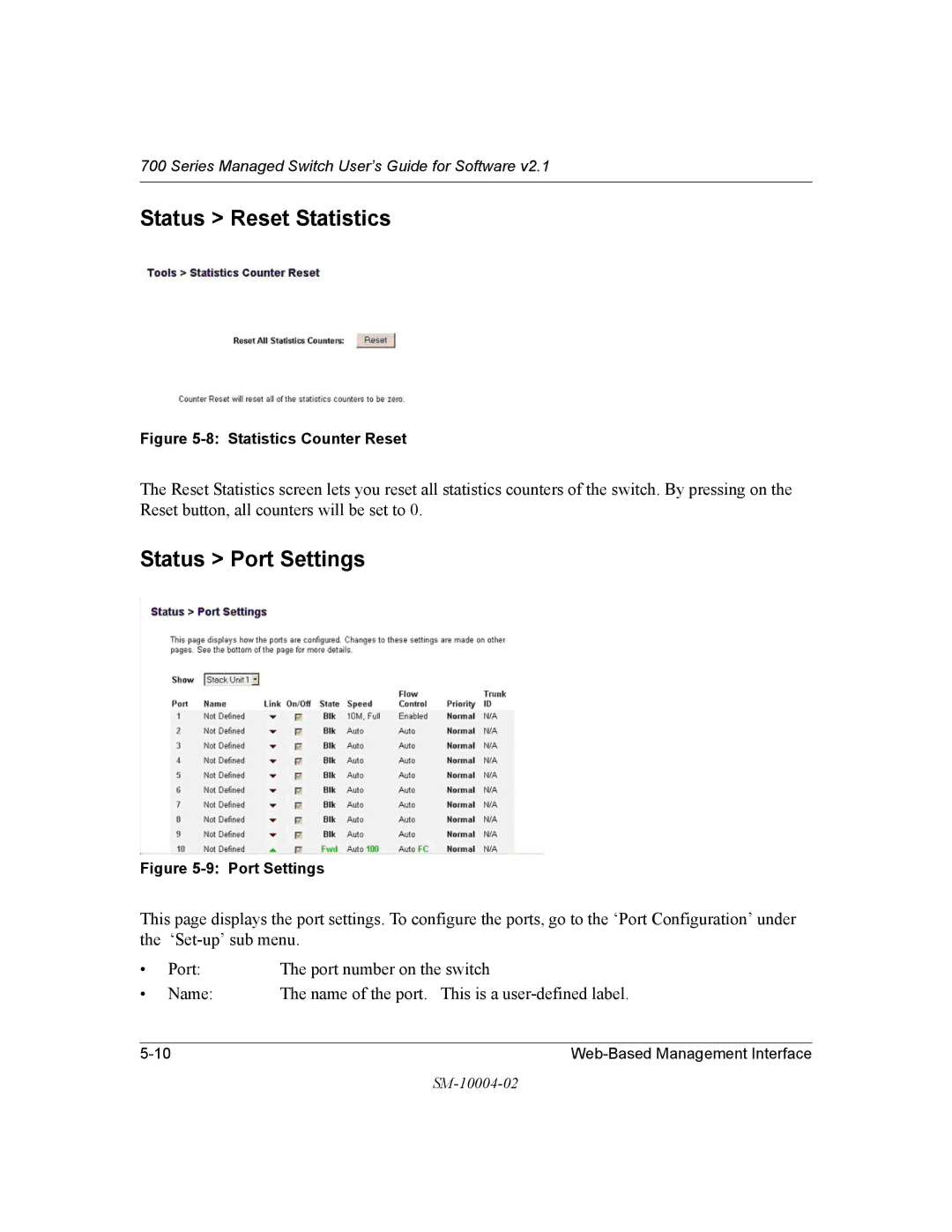 NETGEAR 700 Series manual Status Reset Statistics, Status Port Settings 