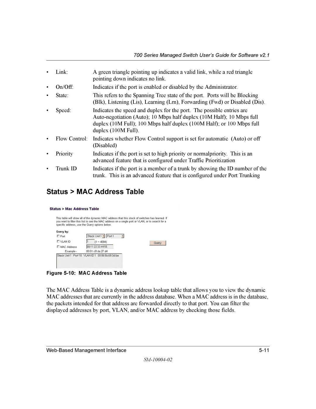 NETGEAR 700 Series manual Status MAC Address Table 