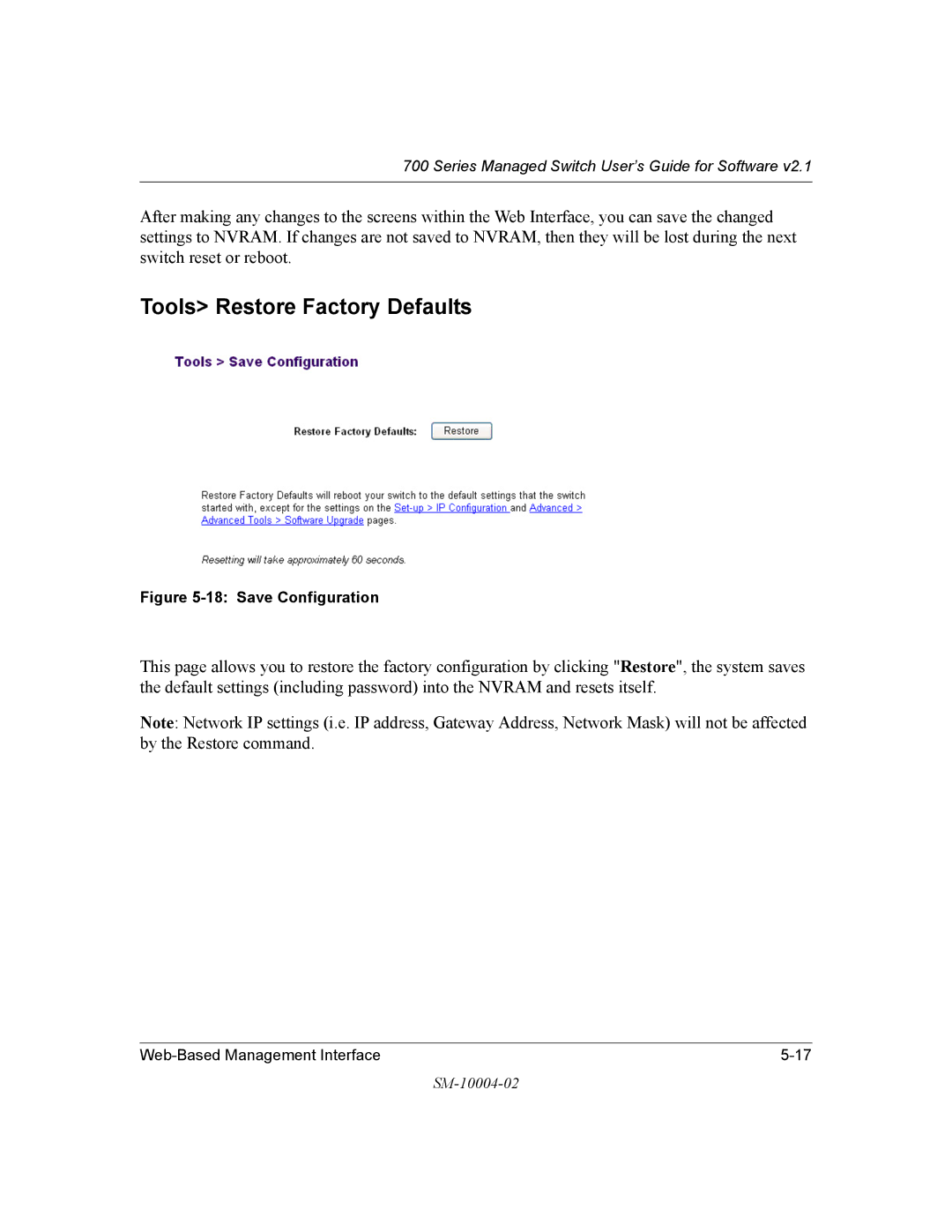 NETGEAR 700 Series manual Tools Restore Factory Defaults, Save Configuration 