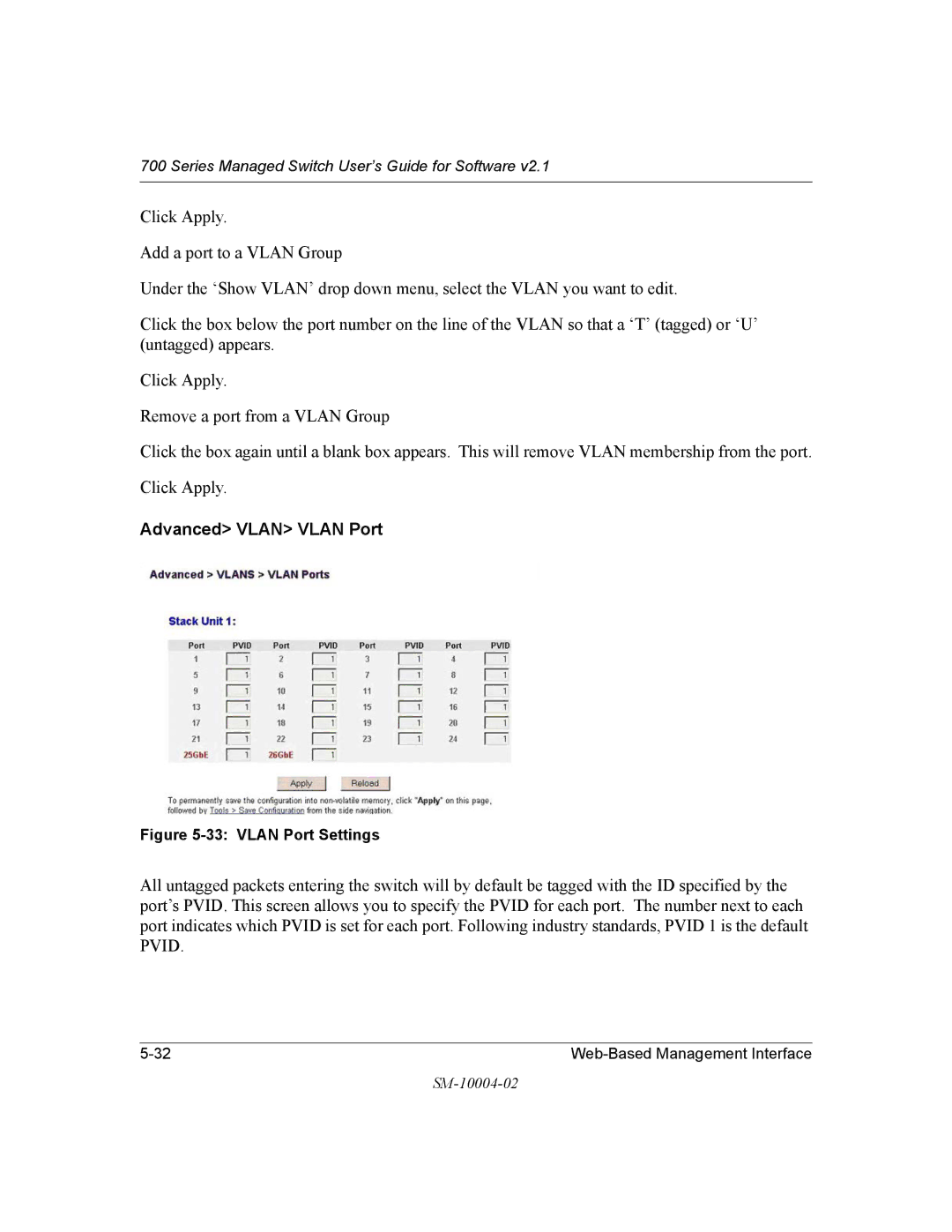 NETGEAR 700 Series manual Advanced Vlan Vlan Port, Vlan Port Settings 