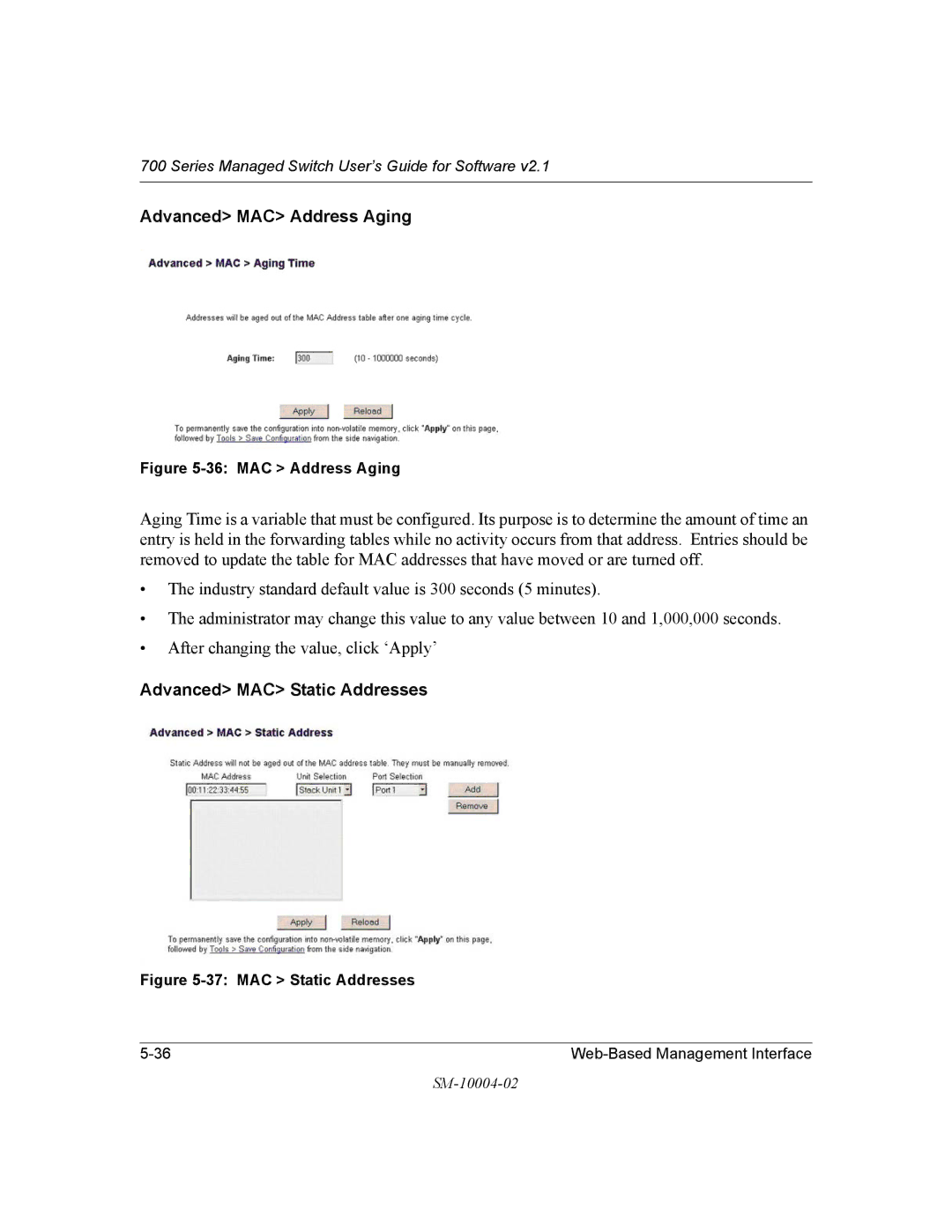 NETGEAR 700 Series manual Advanced MAC Address Aging, Advanced MAC Static Addresses 