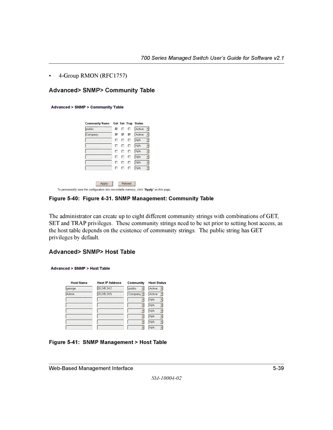 NETGEAR 700 Series manual Advanced Snmp Community Table, Advanced Snmp Host Table 