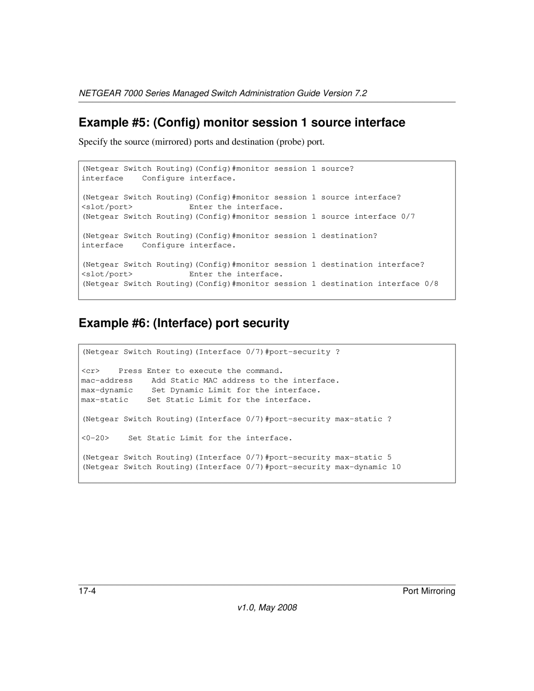 NETGEAR 7000 Series manual Example #5 Config monitor session 1 source interface, Example #6 Interface port security 