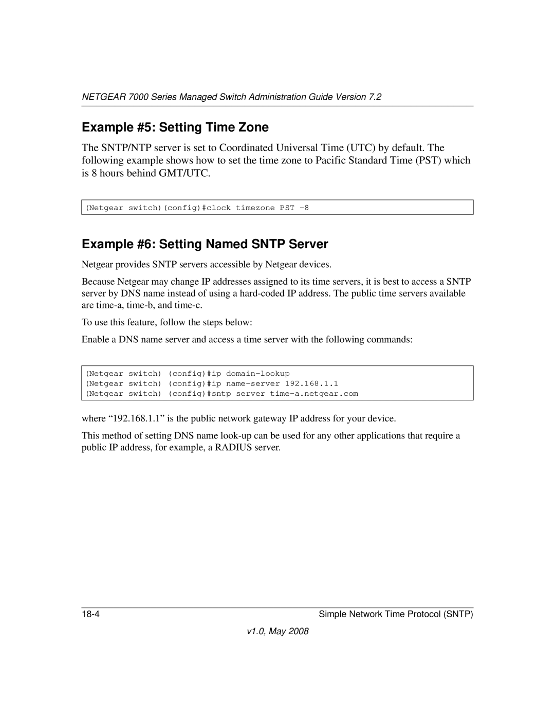 NETGEAR 7000 Series manual Example #5 Setting Time Zone, Example #6 Setting Named Sntp Server 