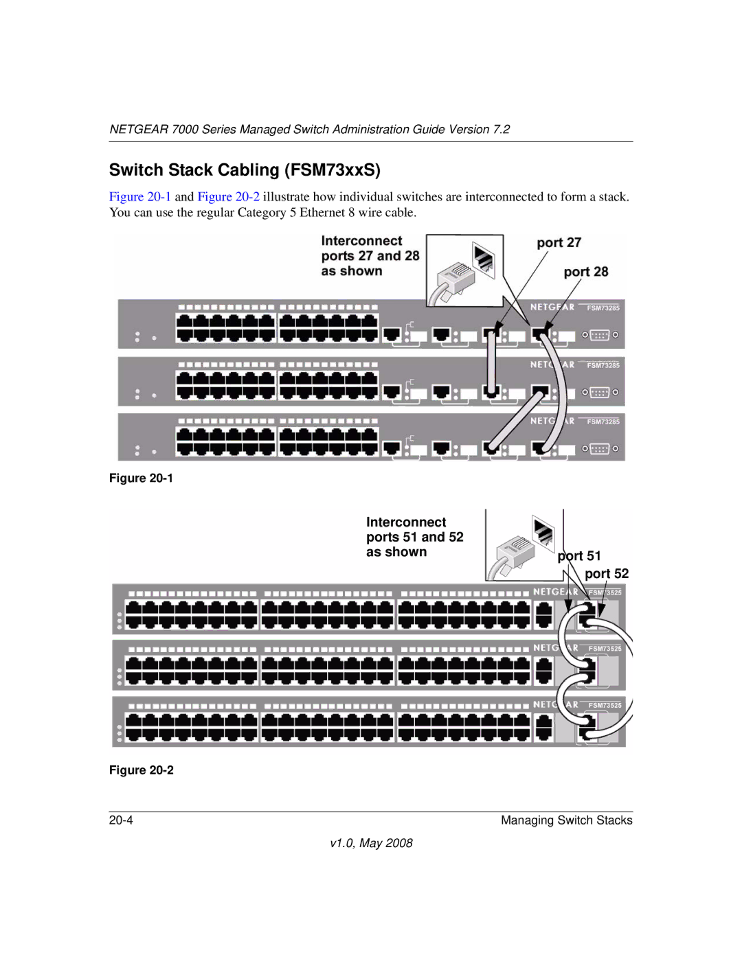 NETGEAR 7000 Series manual Switch Stack Cabling FSM73xxS, Interconnect ports 51 As shownport 51 port 