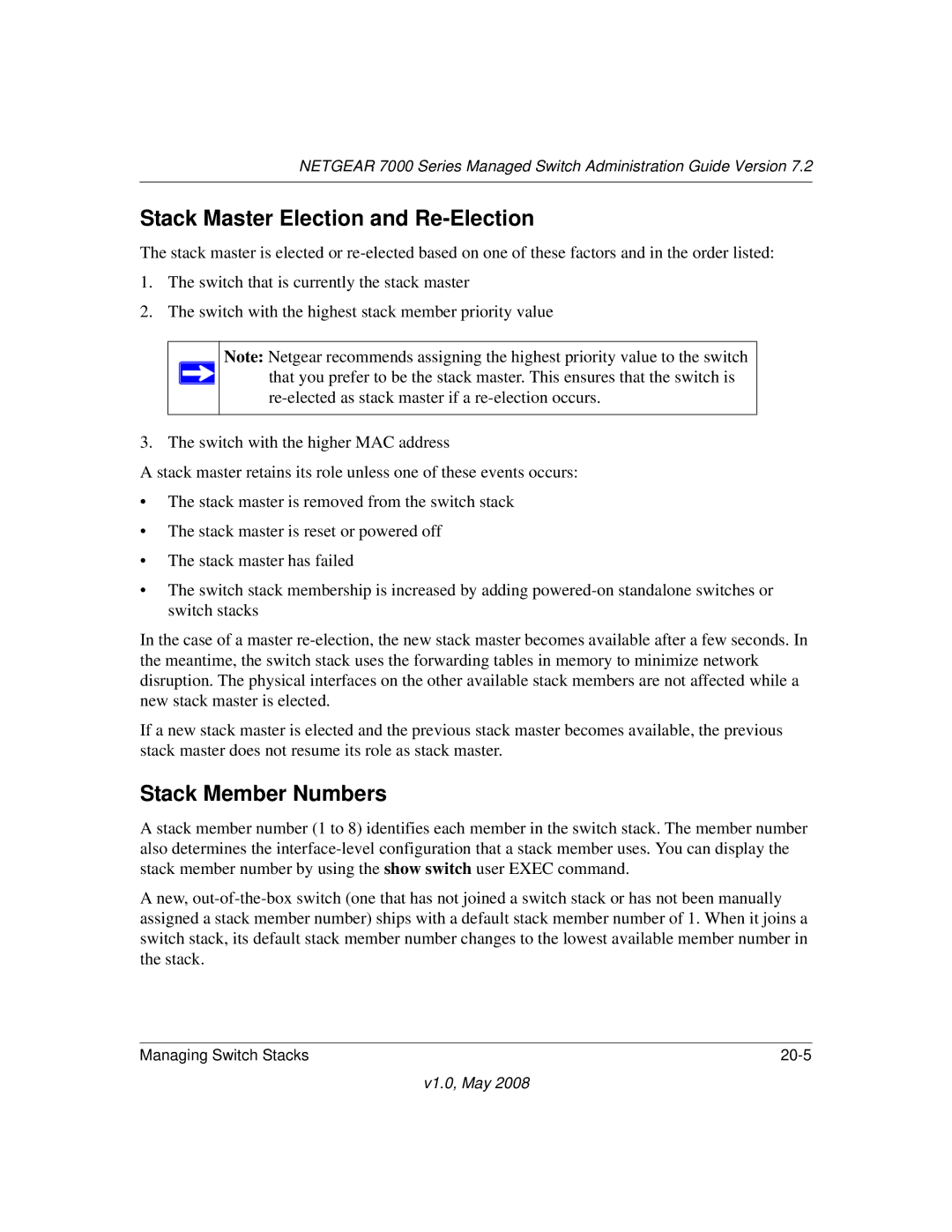 NETGEAR 7000 Series manual Stack Master Election and Re-Election, Stack Member Numbers 