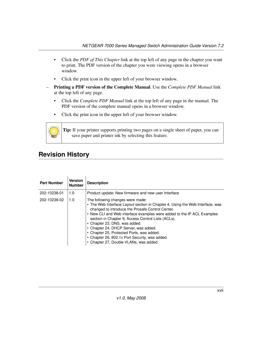 NETGEAR 7000 Series manual Revision History, Part Number Version Description 