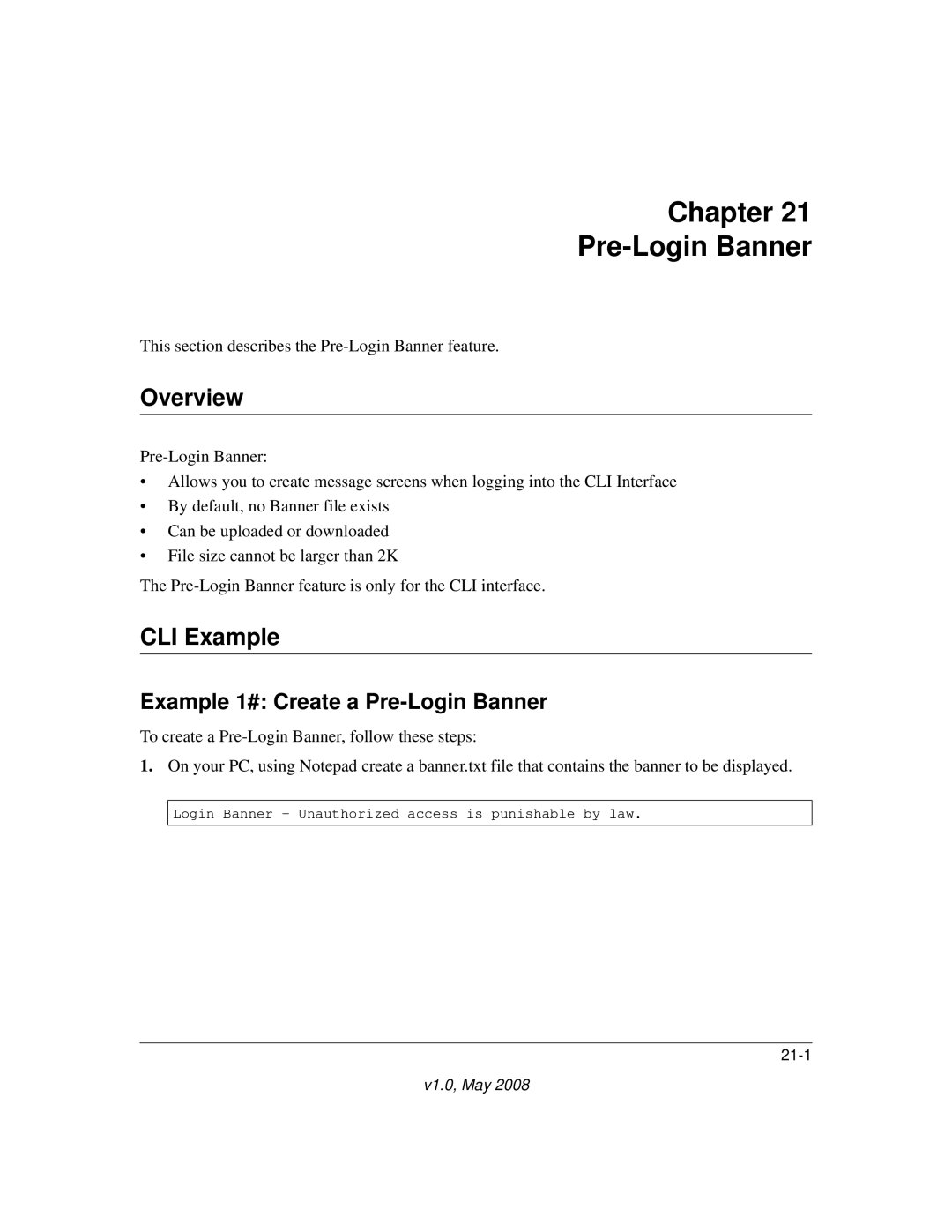 NETGEAR 7000 Series manual Chapter Pre-Login Banner, Example 1# Create a Pre-Login Banner 