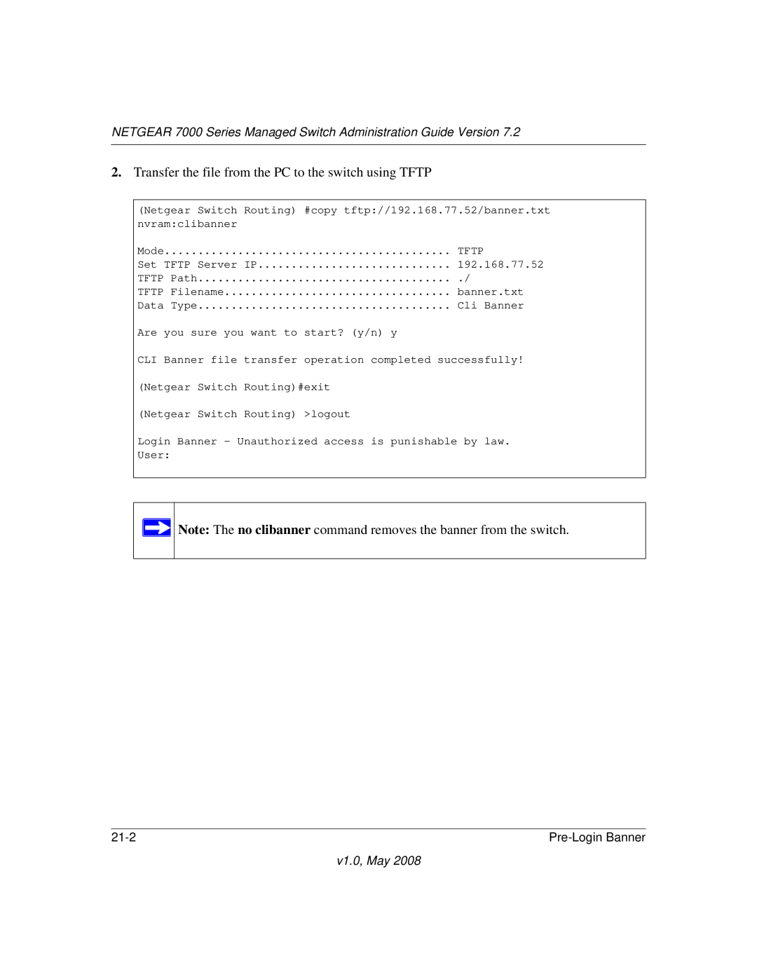 NETGEAR 7000 Series manual Transfer the file from the PC to the switch using Tftp 