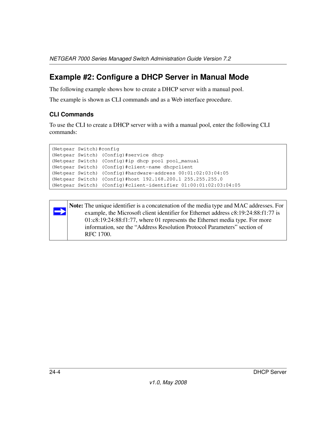 NETGEAR 7000 Series manual Example #2 Configure a Dhcp Server in Manual Mode, CLI Commands 