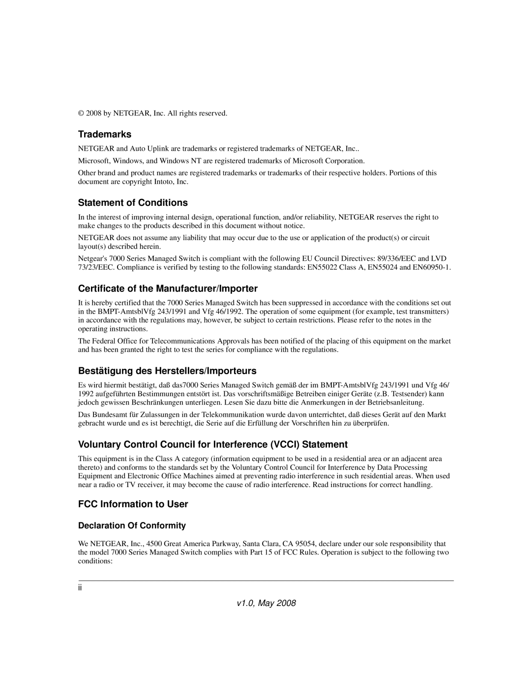 NETGEAR 7000 Series Trademarks, Statement of Conditions, Certificate of the Manufacturer/Importer, FCC Information to User 