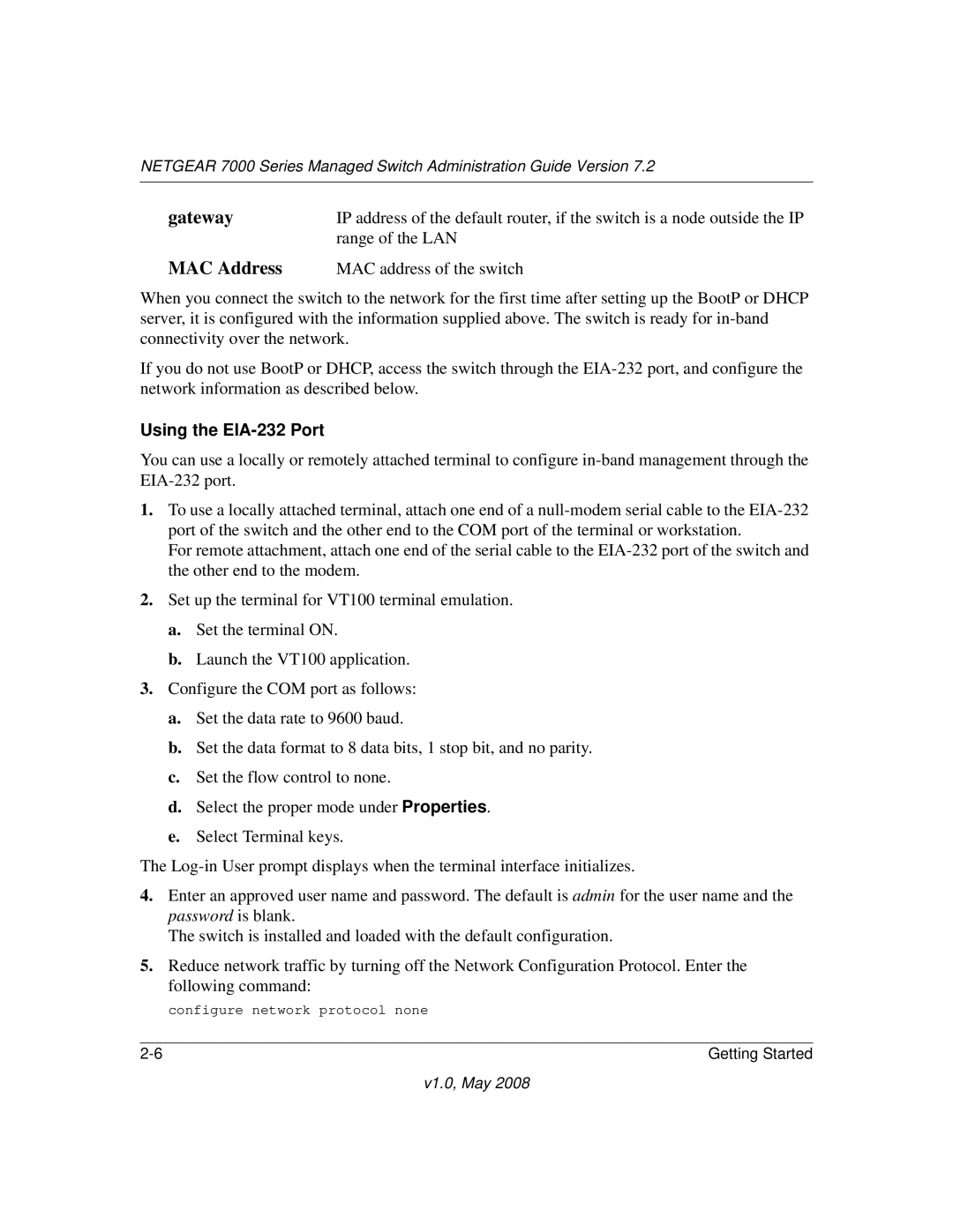 NETGEAR 7000 Series manual MAC Address, Using the EIA-232 Port 