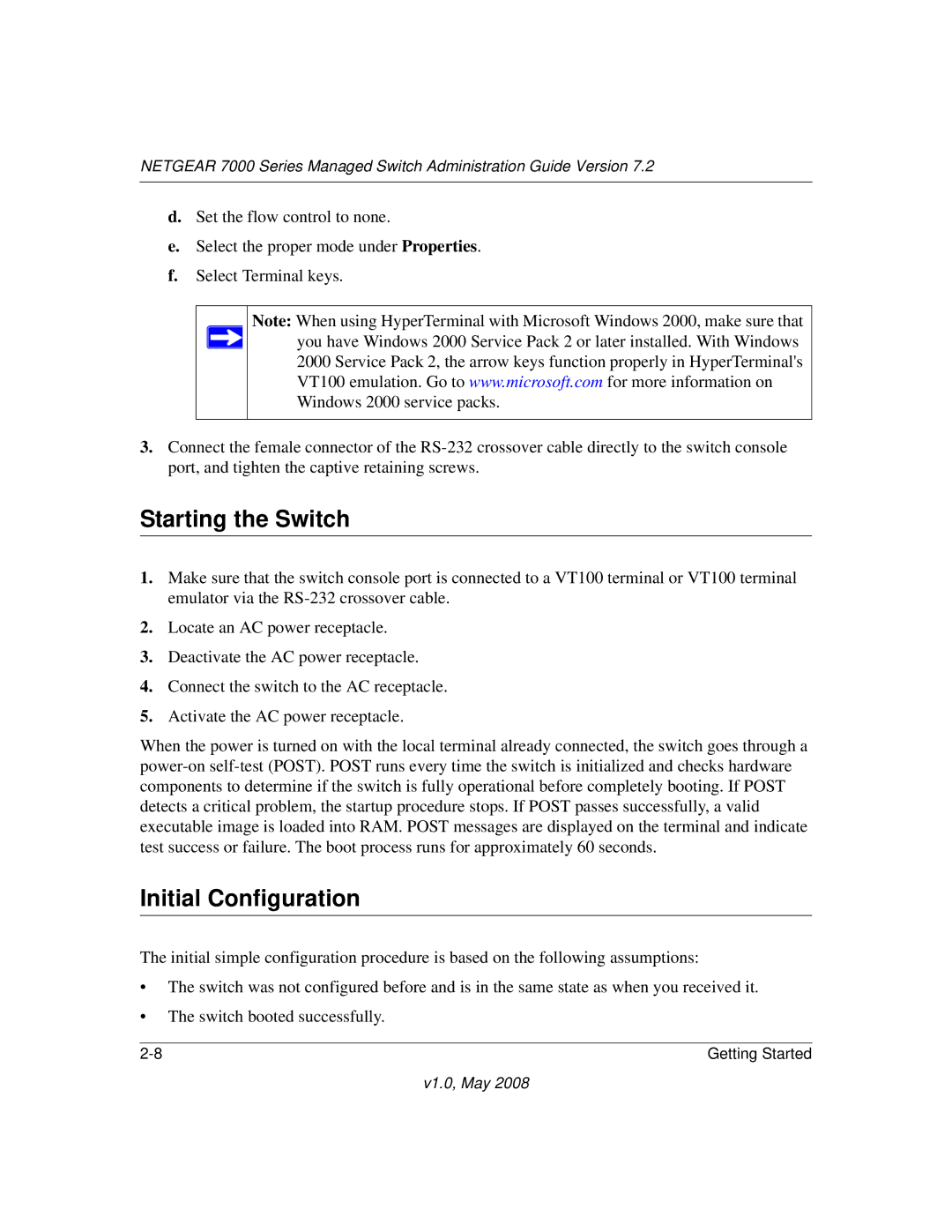 NETGEAR 7000 Series manual Starting the Switch, Initial Configuration 