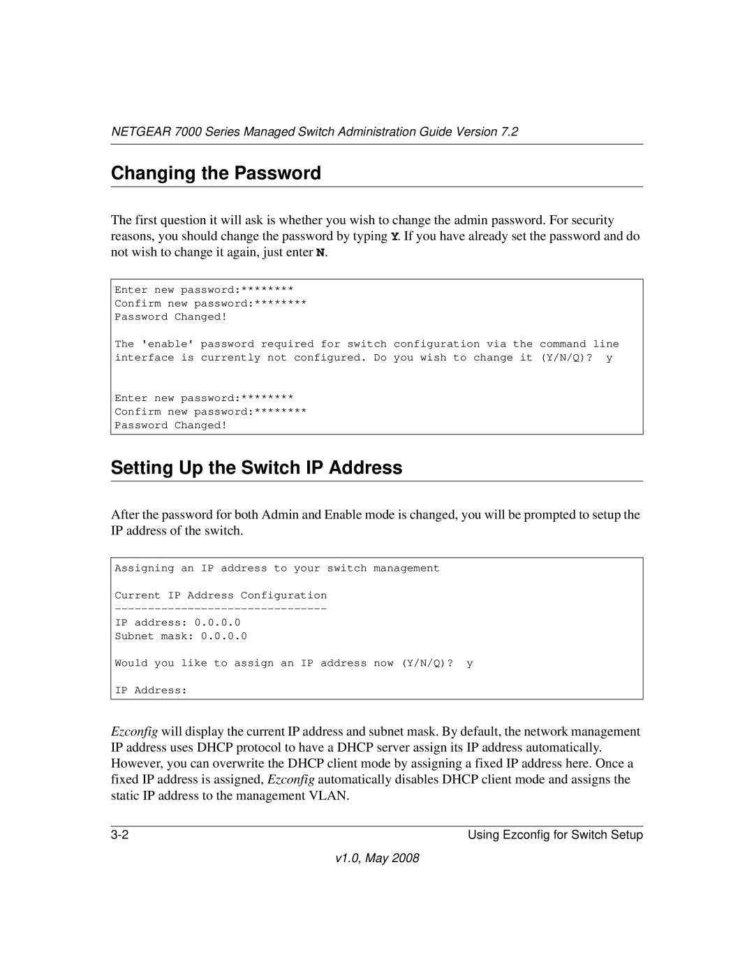 NETGEAR 7000 Series manual Changing the Password, Setting Up the Switch IP Address 