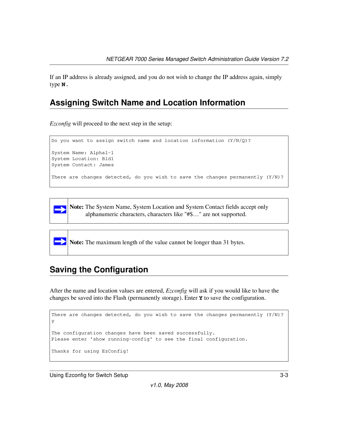 NETGEAR 7000 Series manual Assigning Switch Name and Location Information, Saving the Configuration 