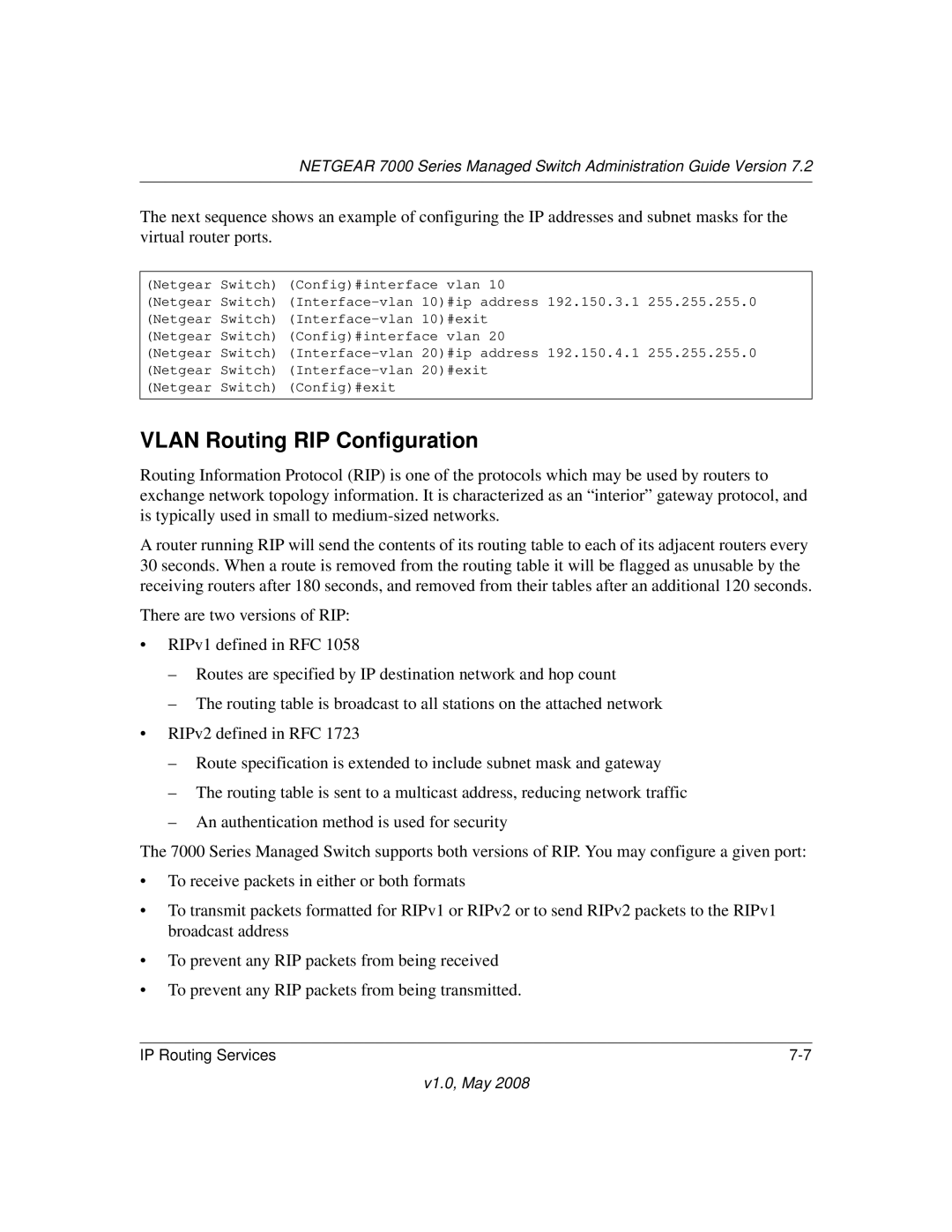 NETGEAR 7000 Series manual Vlan Routing RIP Configuration 