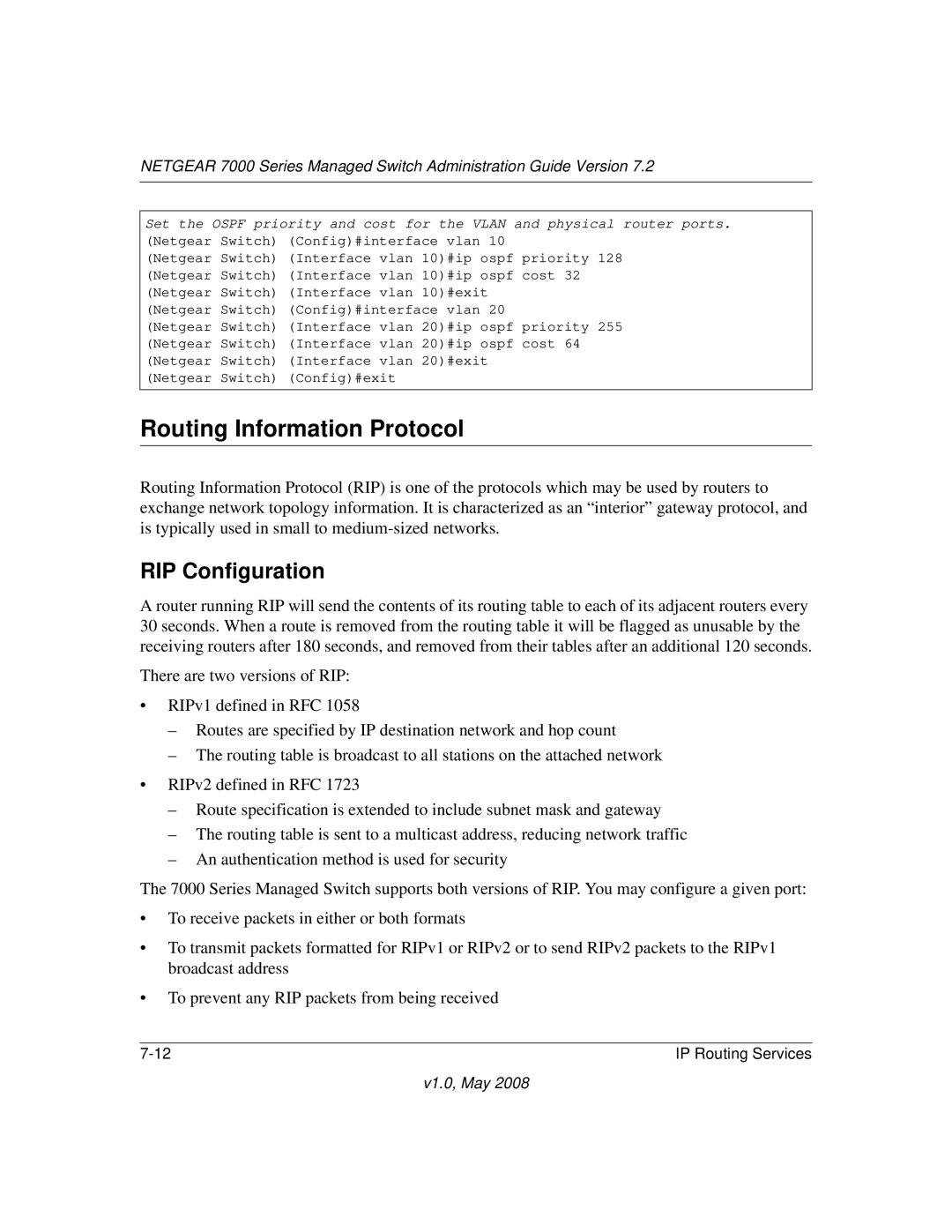 NETGEAR 7000 Series manual Routing Information Protocol, RIP Configuration 