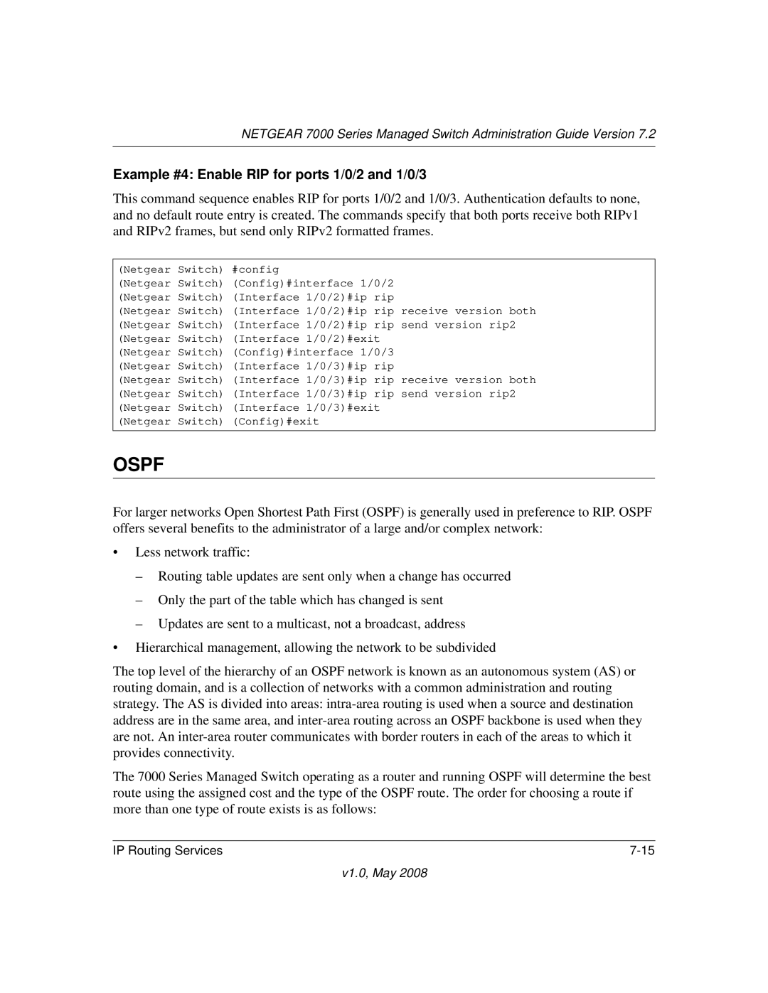 NETGEAR 7000 Series manual Ospf, Example #4 Enable RIP for ports 1/0/2 and 1/0/3 