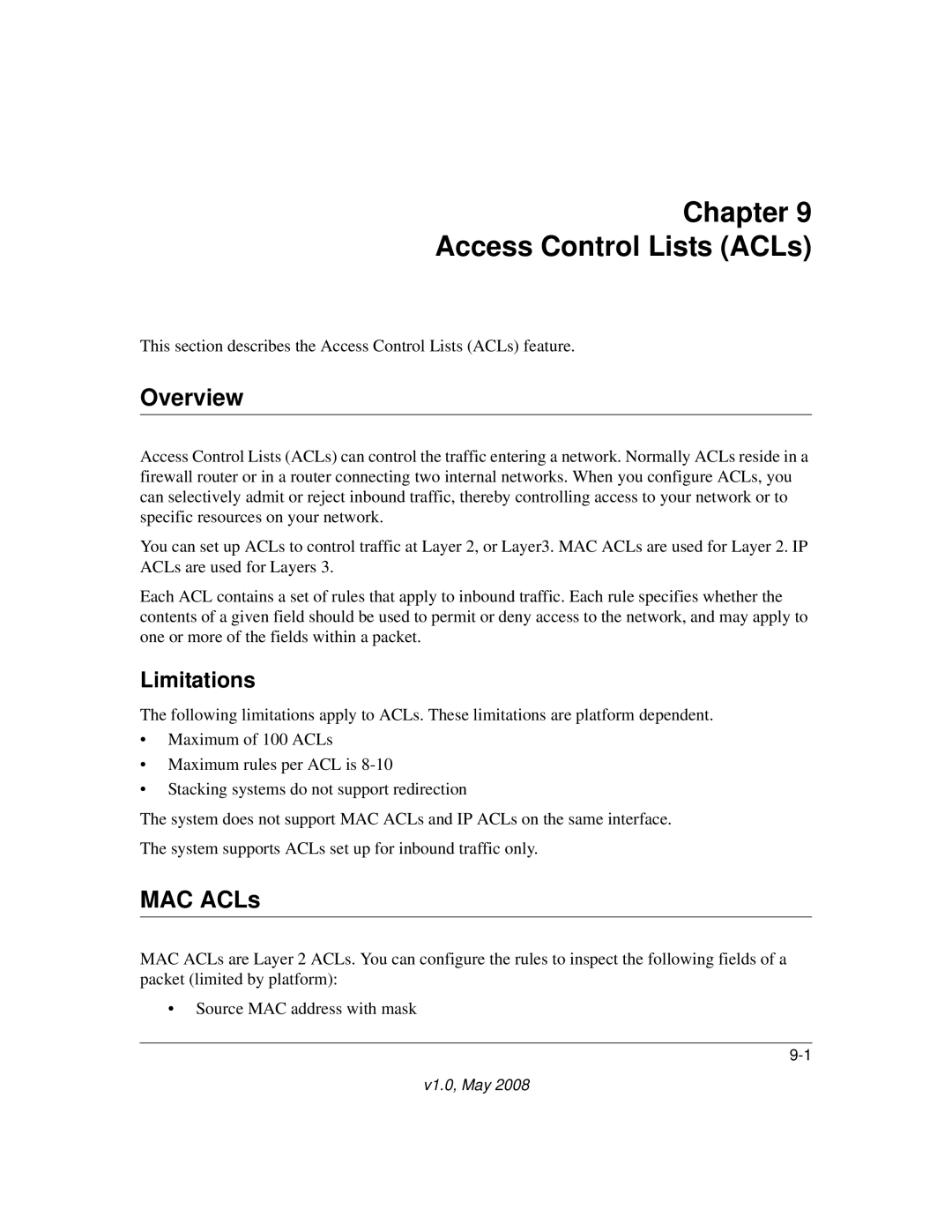 NETGEAR 7000 Series manual Chapter Access Control Lists ACLs, Overview, MAC ACLs, Limitations 