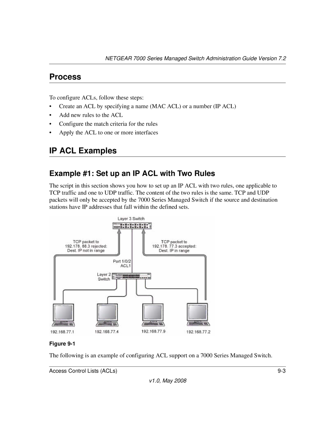 NETGEAR 7000 Series manual Process, IP ACL Examples, Example #1 Set up an IP ACL with Two Rules 