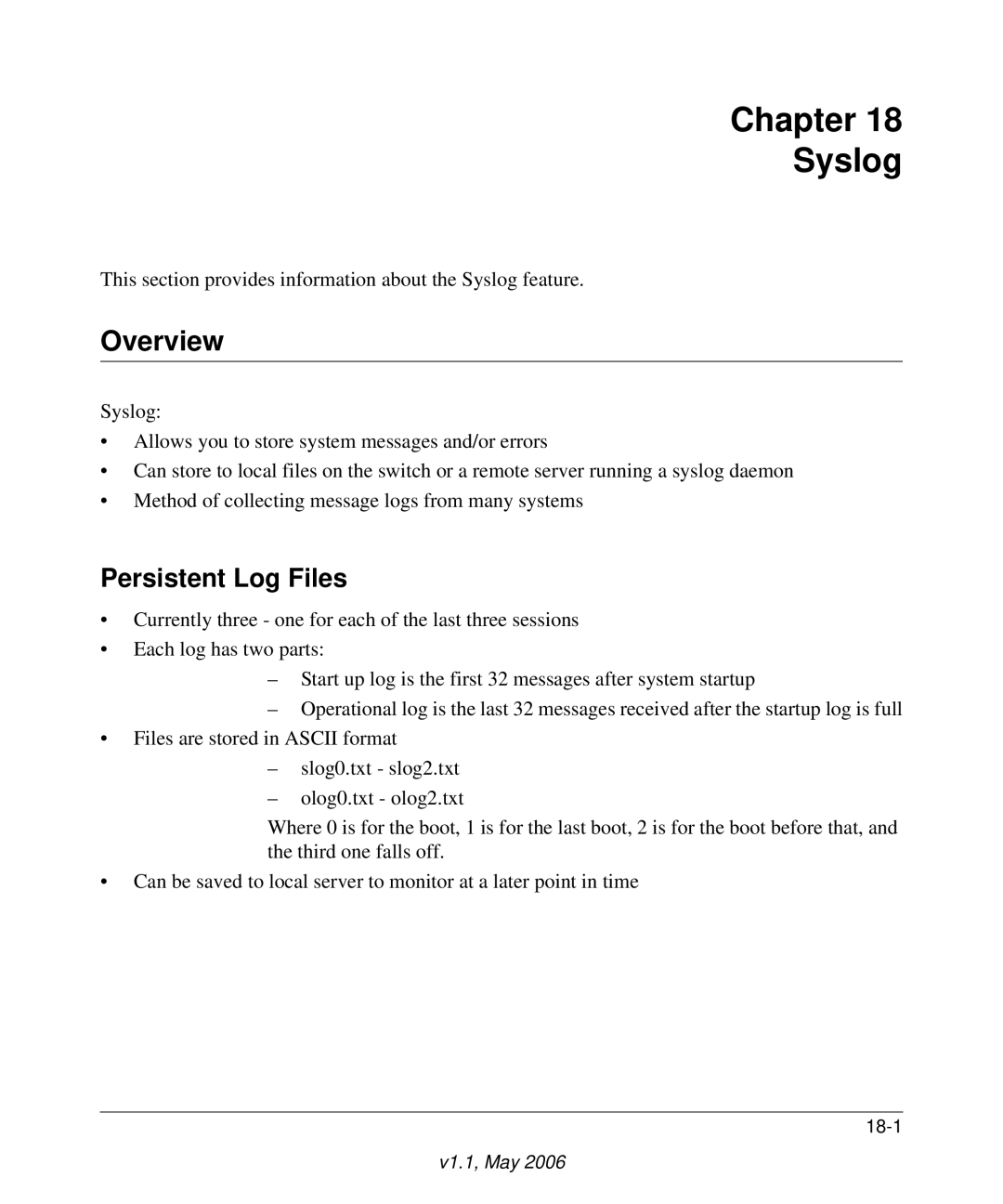 NETGEAR 7000 manual Chapter Syslog, Persistent Log Files 