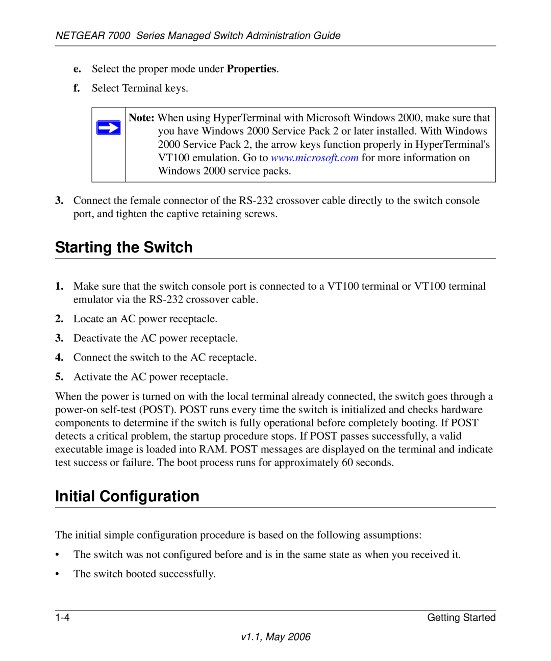 NETGEAR 7000 manual Starting the Switch, Initial Configuration 