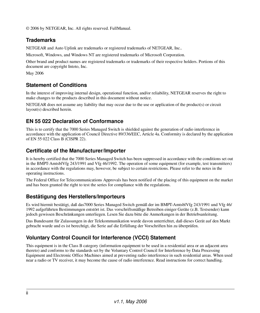 NETGEAR 7000 manual Trademarks, Statement of Conditions, EN 55 022 Declaration of Conformance 