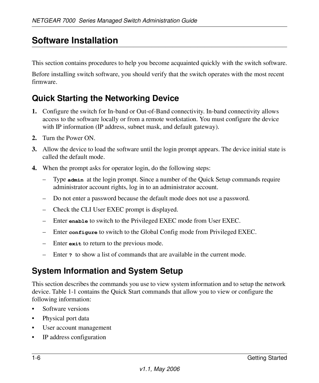 NETGEAR 7000 manual Software Installation, Quick Starting the Networking Device, System Information and System Setup 