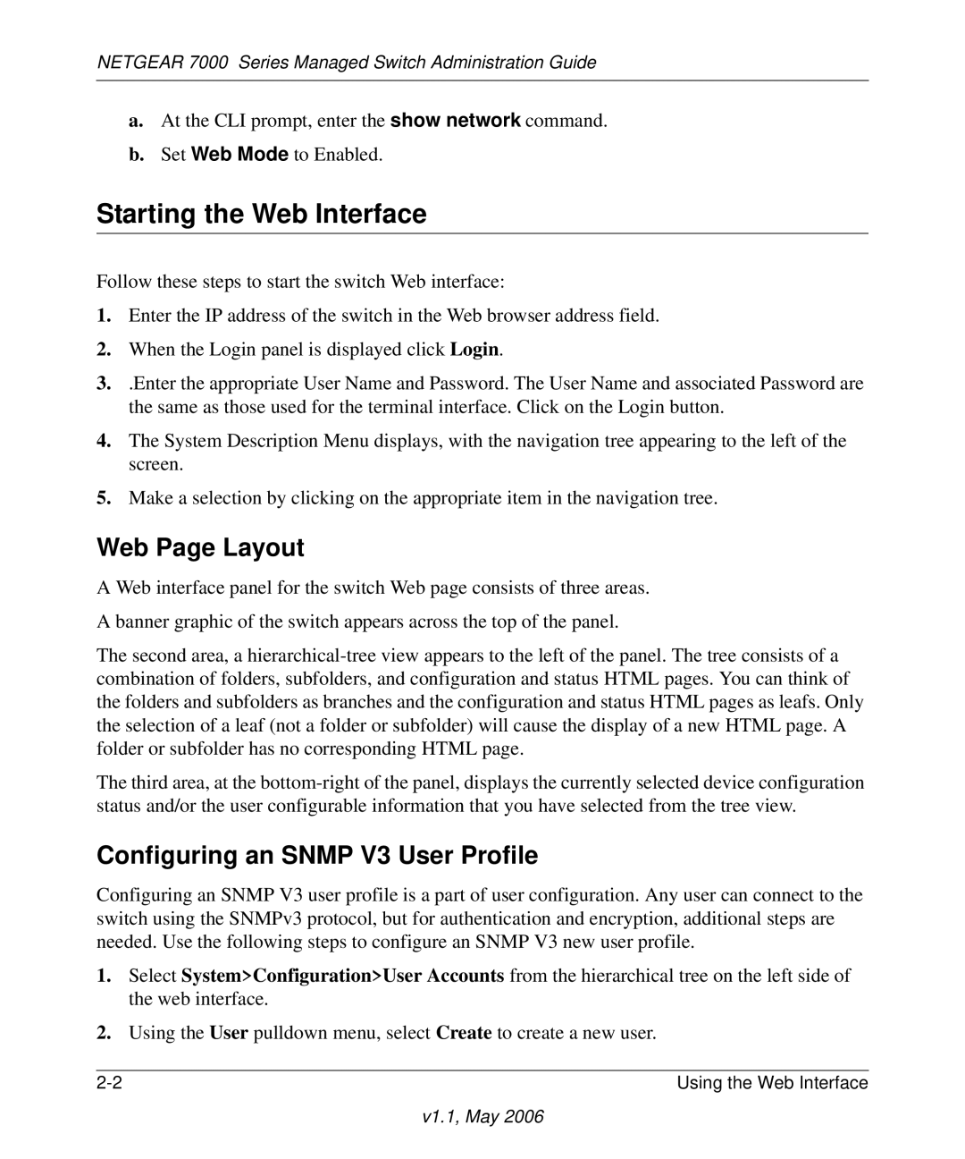 NETGEAR 7000 manual Starting the Web Interface, Web Page Layout, Configuring an Snmp V3 User Profile 