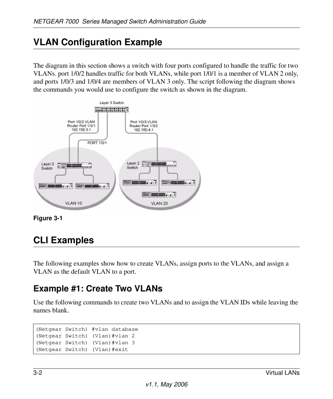 NETGEAR 7000 manual Vlan Configuration Example, CLI Examples, Example #1 Create Two VLANs 